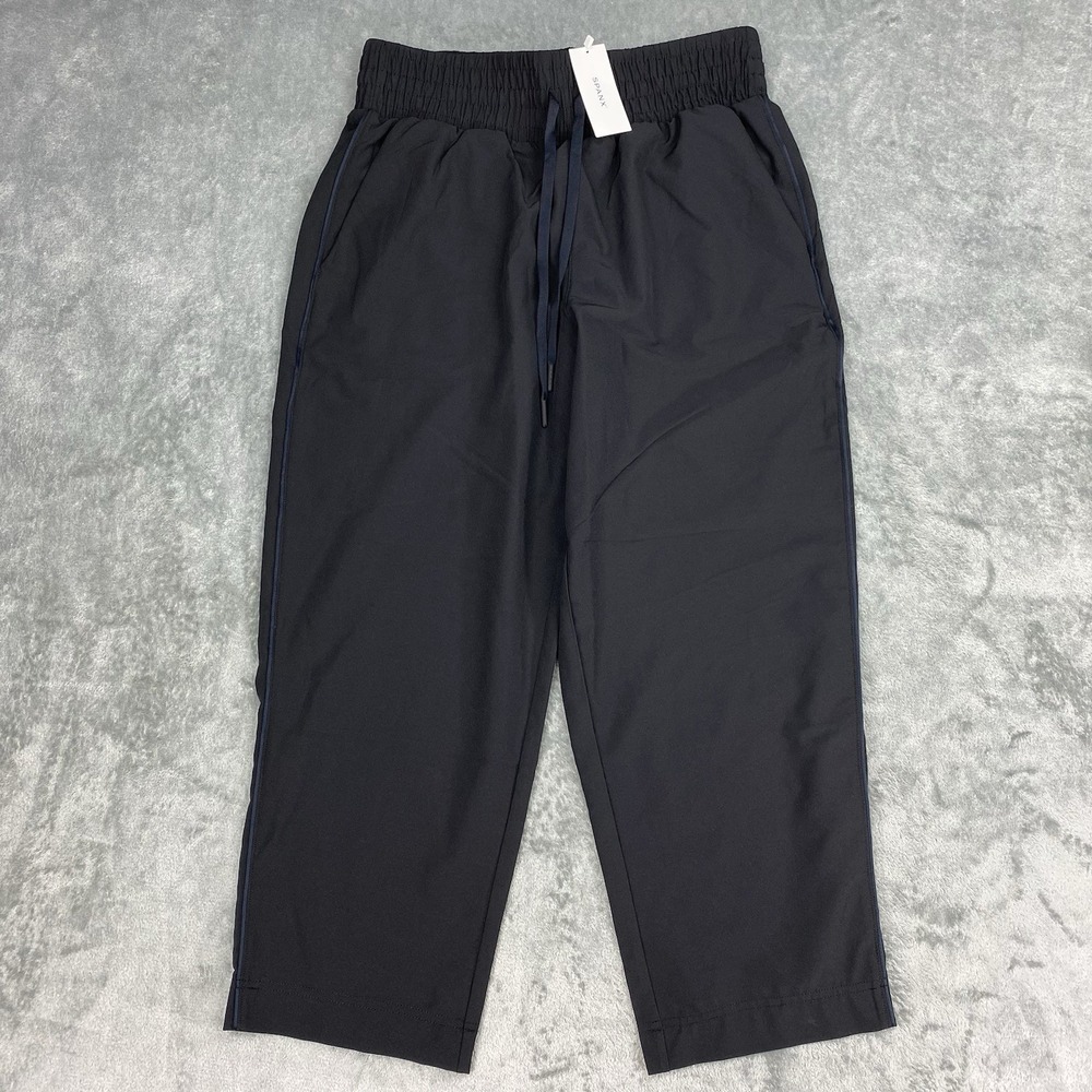 SPANX Pants Womens Sz M Black On the Move Slim Blue Side Stripe Pull On Crop NWT